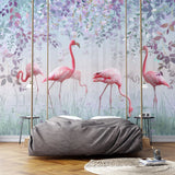 Tapet personalizat watercolor cu pasari flamingo si flori cu petale mov fairy flamingos