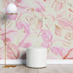 Tapet personalizat watercolor cu frunze roz pe fundal deschis pink leaves