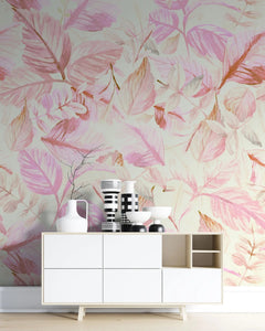 Tapet personalizat watercolor cu frunze roz pe fundal deschis pink leaves