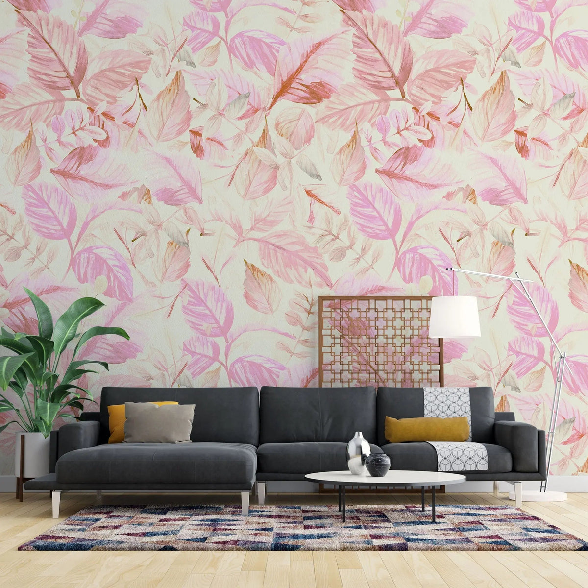 Tapet personalizat watercolor cu frunze roz pe fundal deschis pink leaves