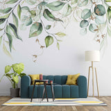 Tapet personalizat watercolor cu frunze verzi cu detalii aurii pe fundal alb aesthetic leaves glitter details