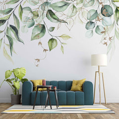 Tapet personalizat watercolor cu frunze verzi cu detalii aurii pe fundal alb aesthetic leaves glitter details