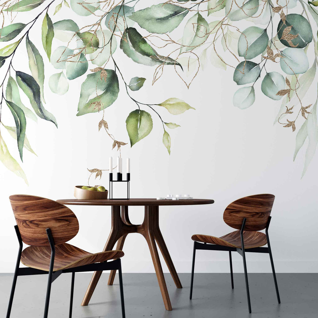 Tapet personalizat watercolor cu frunze verzi cu detalii aurii pe fundal alb aesthetic leaves glitter details