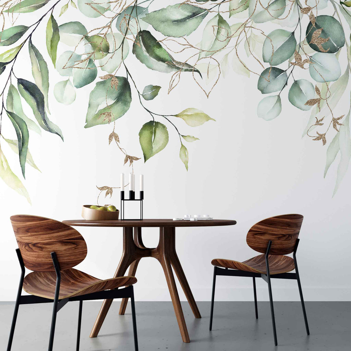 Tapet personalizat watercolor cu frunze verzi cu detalii aurii pe fundal alb aesthetic leaves glitter details
