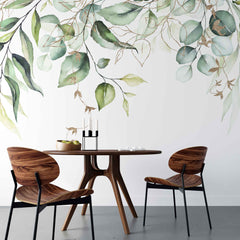 Tapet personalizat watercolor cu frunze verzi cu detalii aurii pe fundal alb aesthetic leaves glitter details