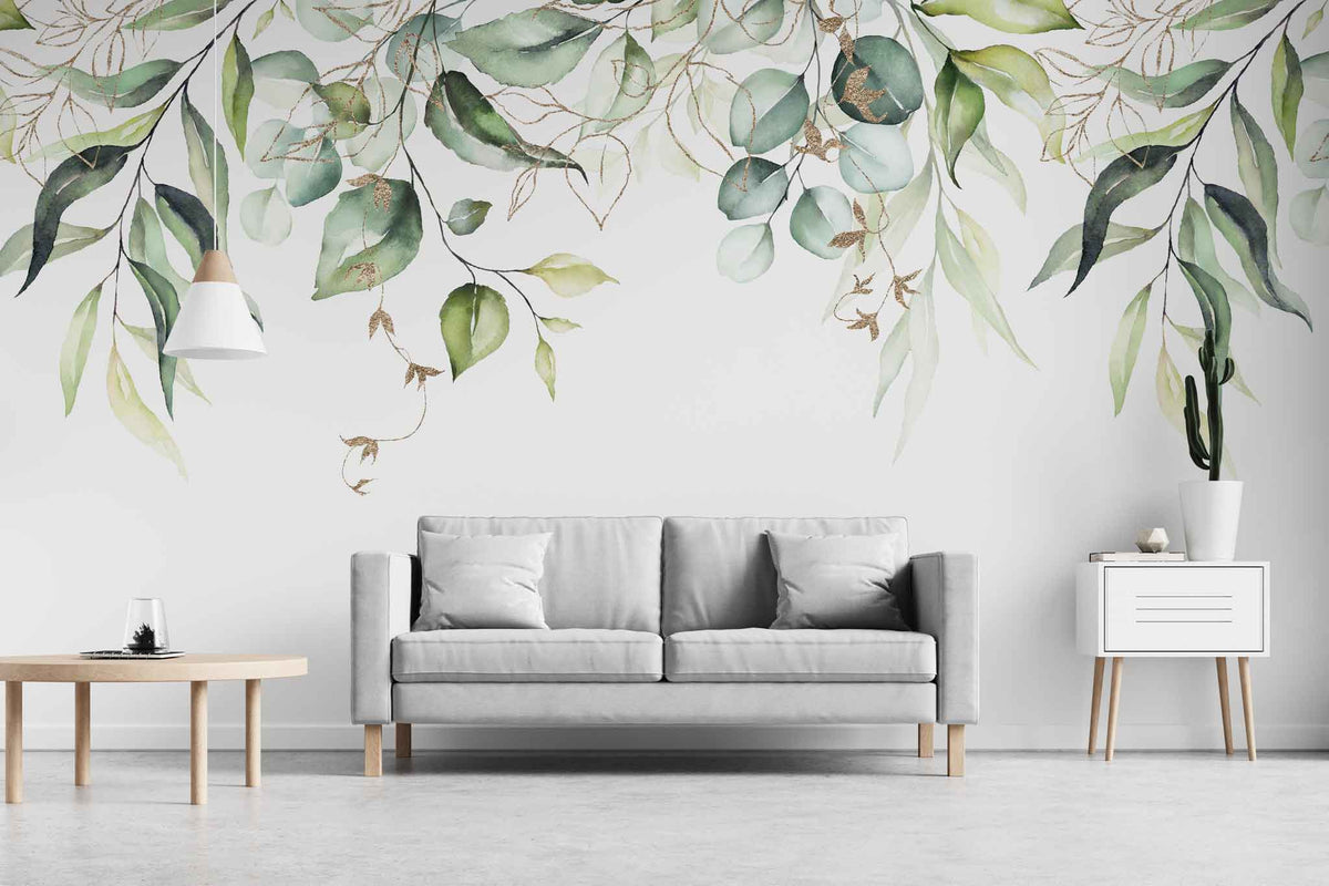 Tapet personalizat watercolor cu frunze verzi cu detalii aurii pe fundal alb aesthetic leaves glitter details