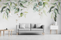 Tapet personalizat watercolor cu frunze verzi cu detalii aurii pe fundal alb aesthetic leaves glitter details