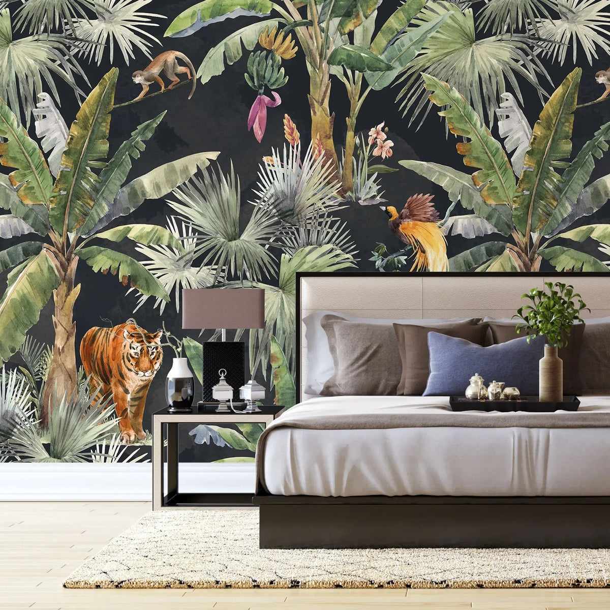 Tapet personalizat watercolor cu jungla si plante tropicale pe un fundal inchis watercolor jungle
