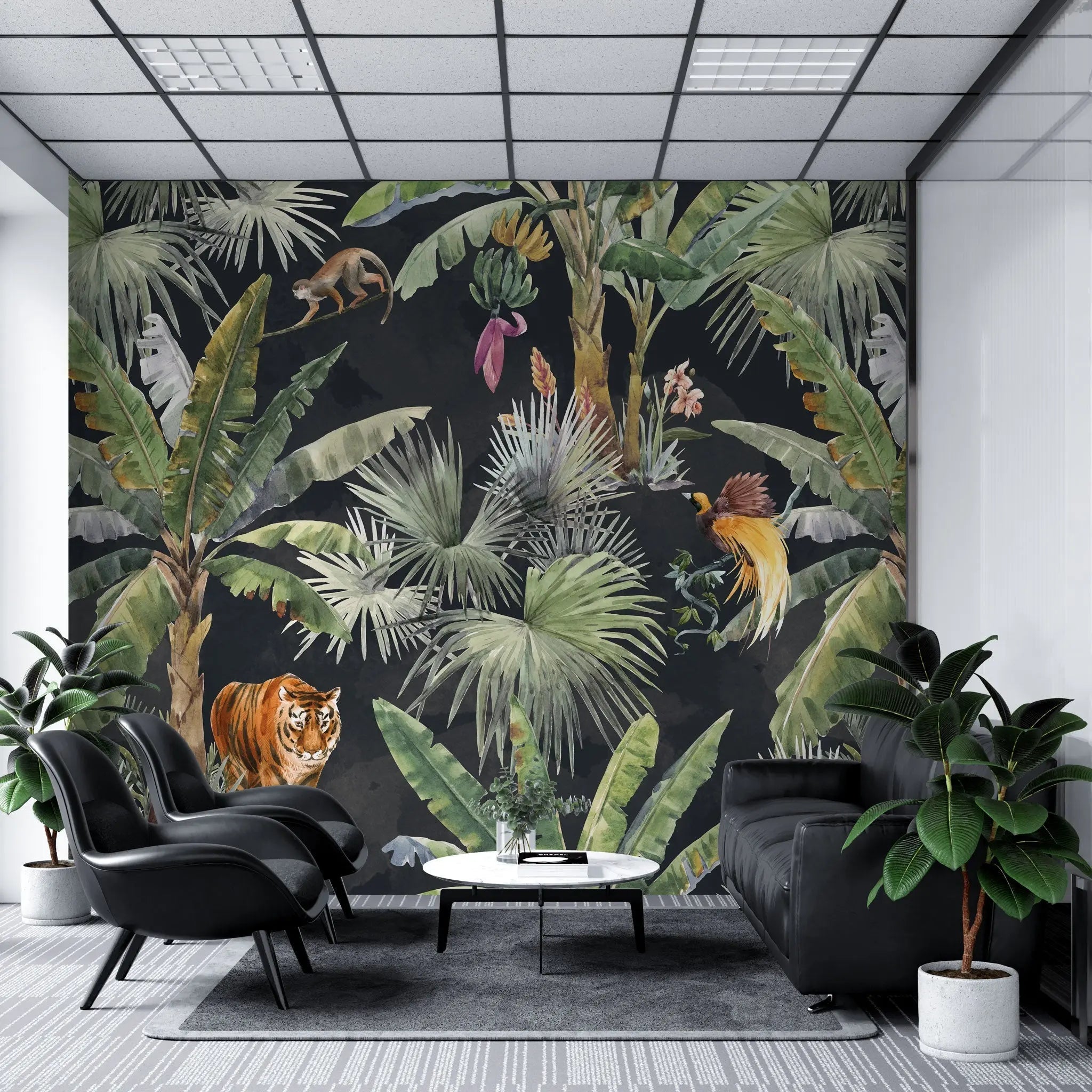 Tapet personalizat watercolor cu jungla si plante tropicale pe un fundal inchis watercolor jungle
