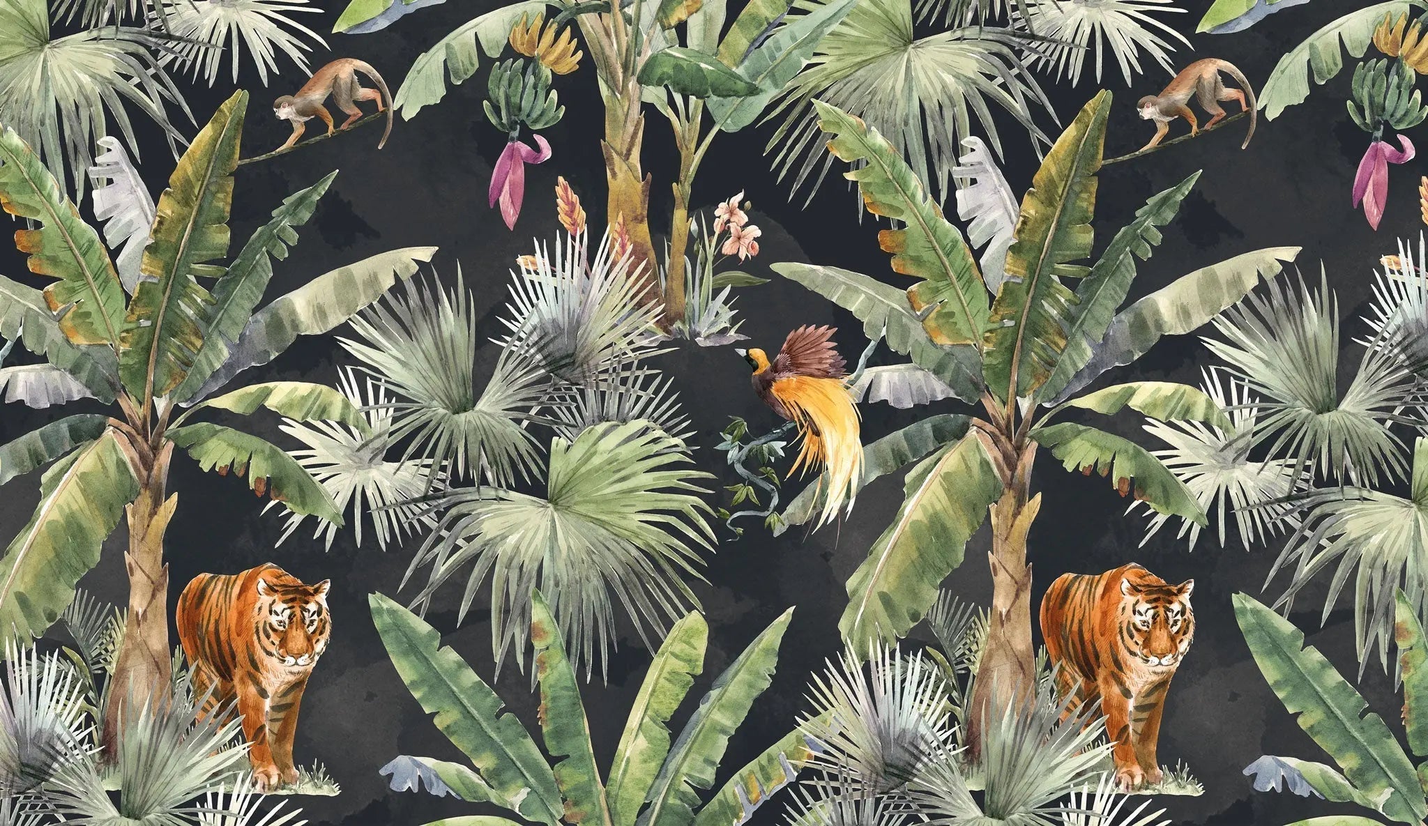 Tapet personalizat watercolor cu jungla si plante tropicale pe un fundal inchis watercolor jungle