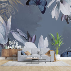 Tapet personalizat watercolor cu fluturi albastri si flori pe un fundal inchis blue butterfly