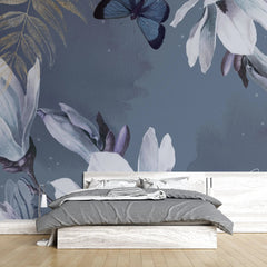 Tapet personalizat watercolor cu fluturi albastri si flori pe un fundal inchis blue butterfly