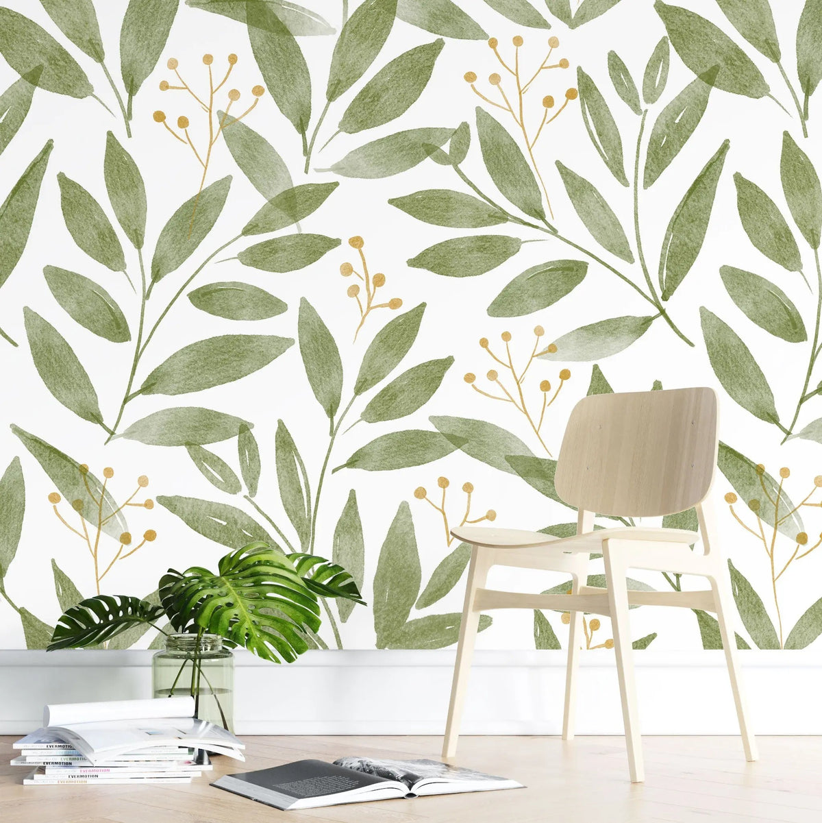 Tapet personalizat watercolor cu frunze si flori de vasc mistletoe leaves