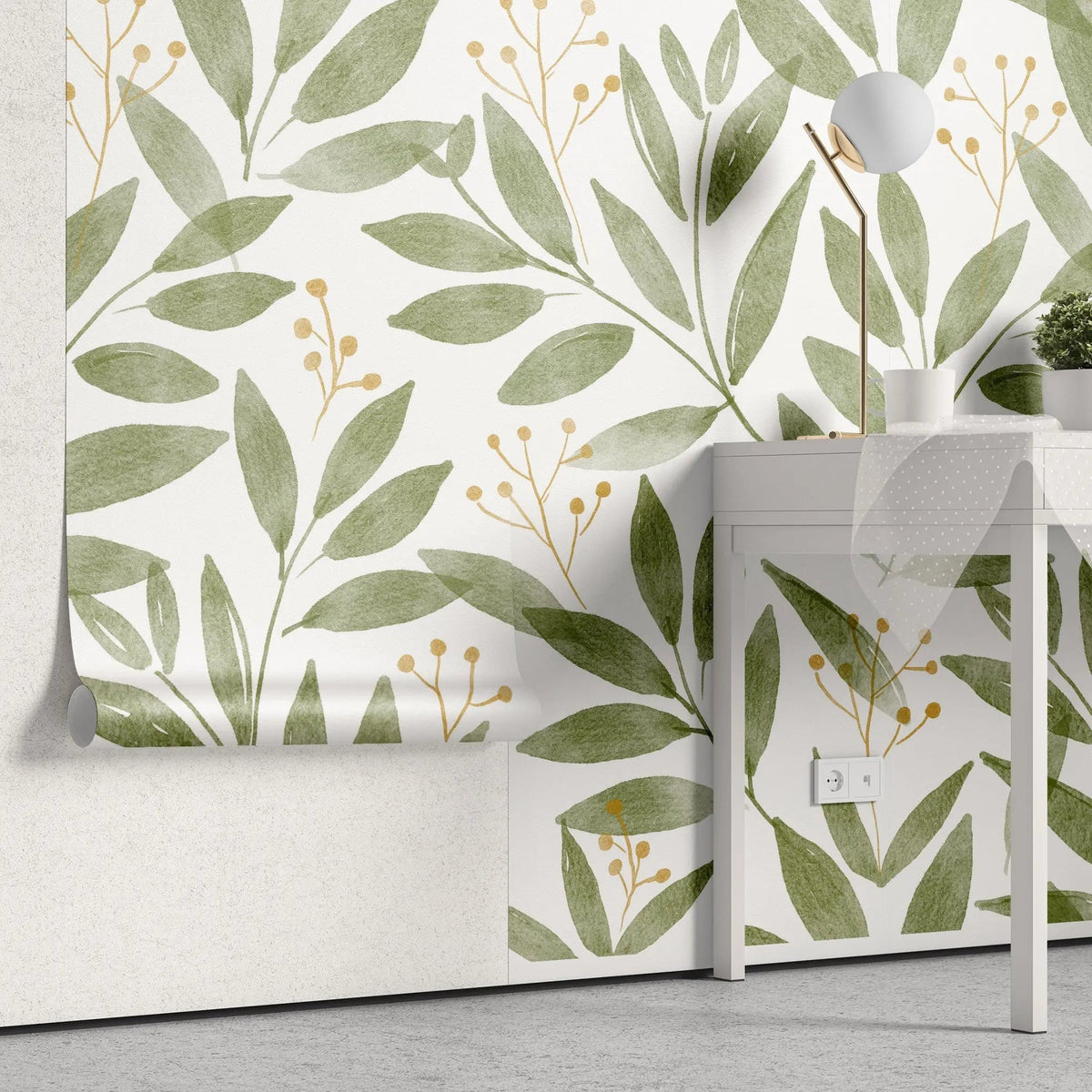 Tapet personalizat watercolor cu frunze si flori de vasc mistletoe leaves