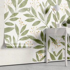 Tapet personalizat watercolor cu frunze si flori de vasc mistletoe leaves
