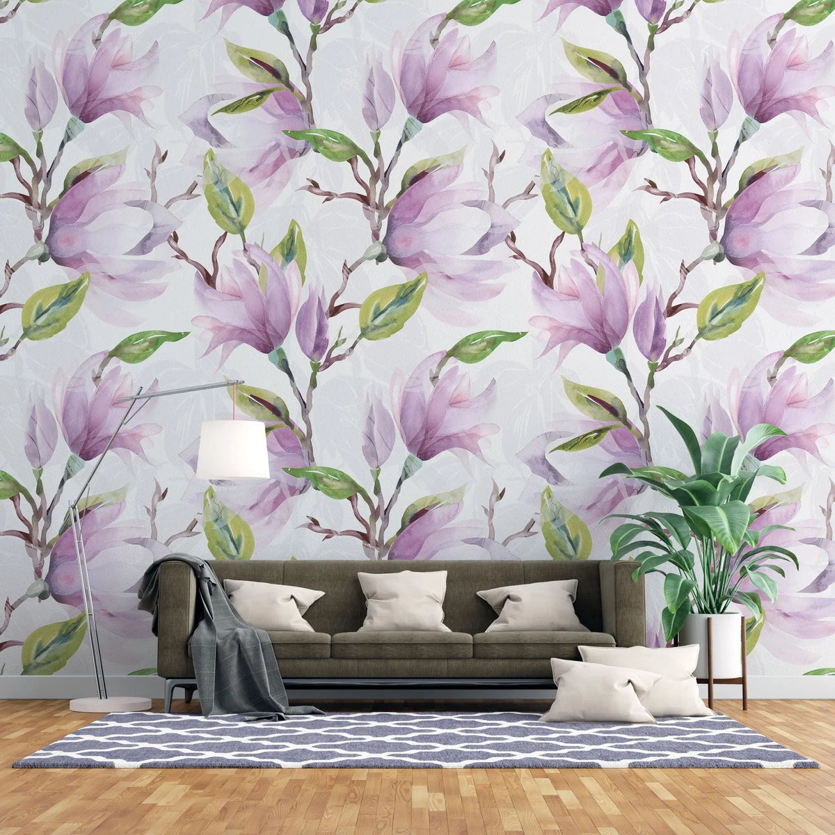 Tapet personalizat watercolor cu flori de magnolie mov purple magnolia