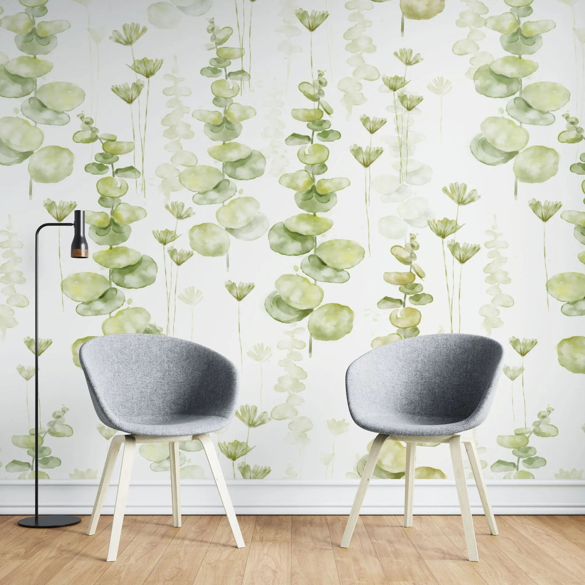 Tapet personalizat watercolor cu frunze de eucalipt pe un fundal alb eucalipt leaves