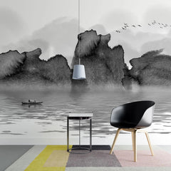 Tapet personalizat watercolor cu pictura cu lac munti si barca in stil watercolor in alb negru b&w lake