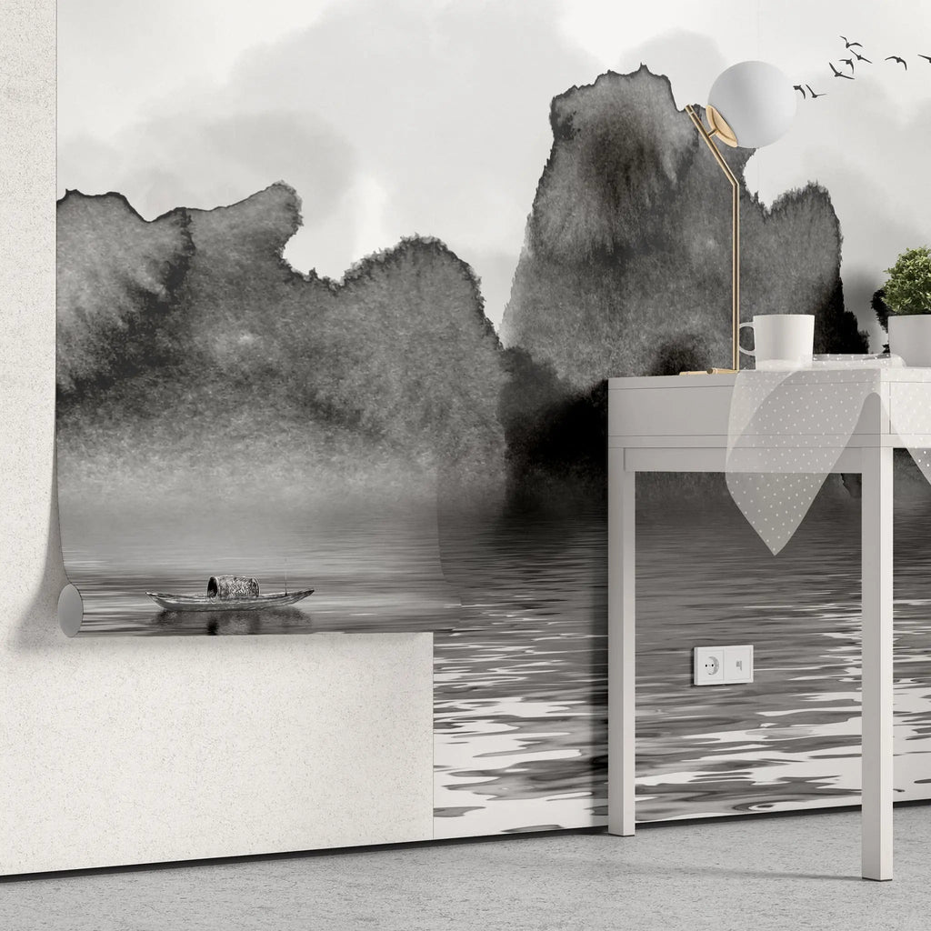 Tapet personalizat watercolor cu pictura cu lac munti si barca in stil watercolor in alb negru b&w lake