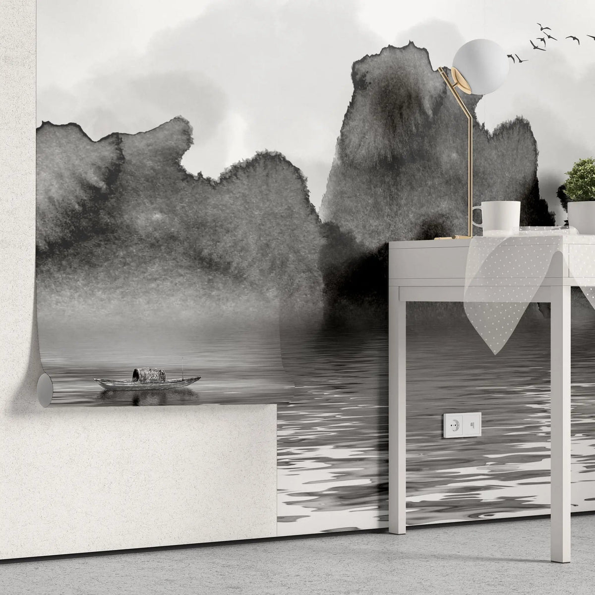 Tapet personalizat watercolor cu pictura cu lac munti si barca in stil watercolor in alb negru b&w lake