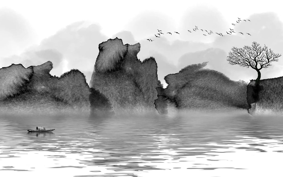 Tapet personalizat watercolor cu pictura cu lac munti si barca in stil watercolor in alb negru b&w lake