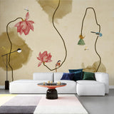 Tapet personalizat watercolor cu floare de lotus si pasari pe un fundal bej polygon lotus