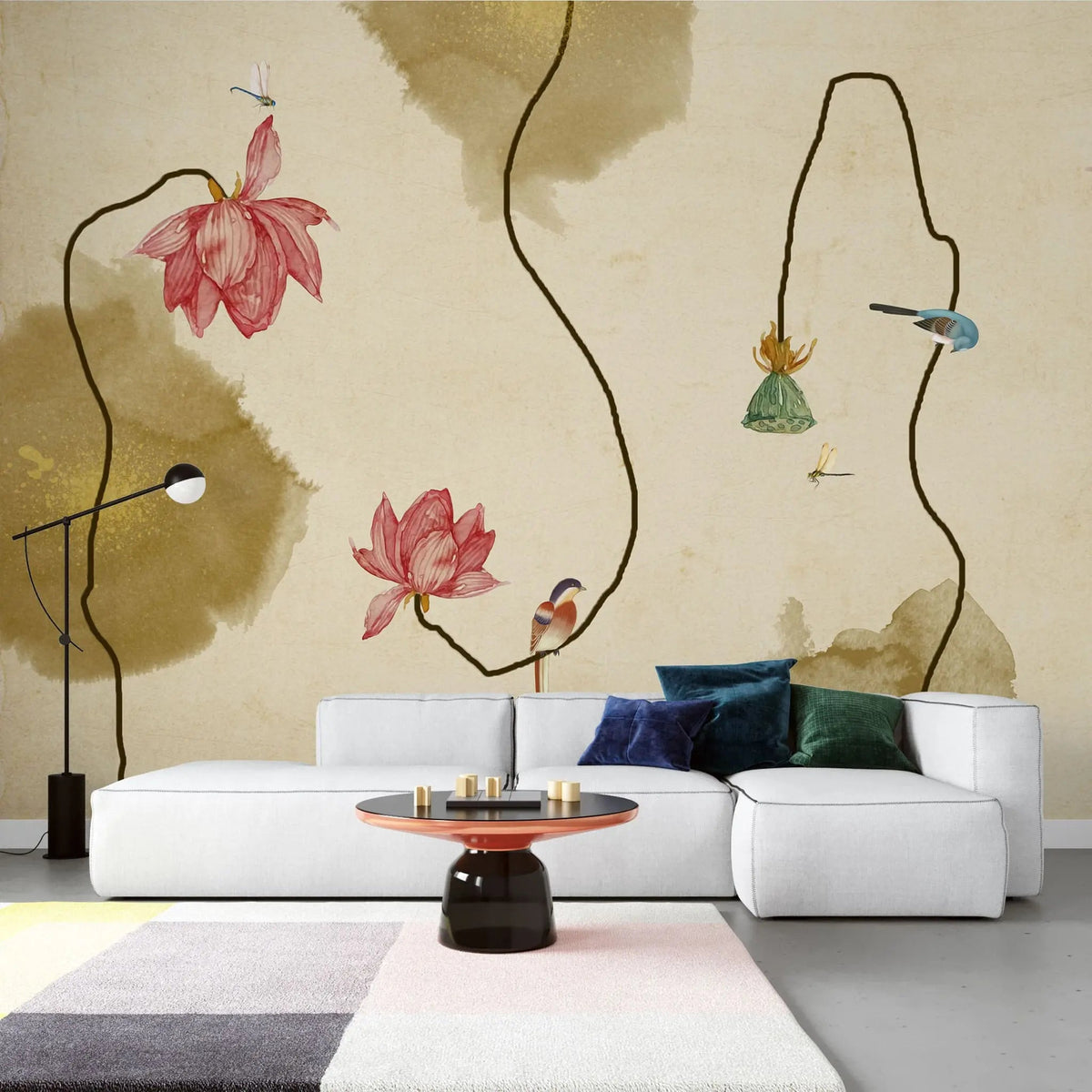 Tapet personalizat watercolor cu floare de lotus si pasari pe un fundal bej polygon lotus