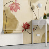 Tapet personalizat watercolor cu floare de lotus si pasari pe un fundal bej polygon lotus