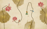 Tapet personalizat watercolor cu floare de lotus si pasari pe un fundal bej polygon lotus