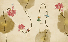 Tapet personalizat watercolor cu floare de lotus si pasari pe un fundal bej polygon lotus