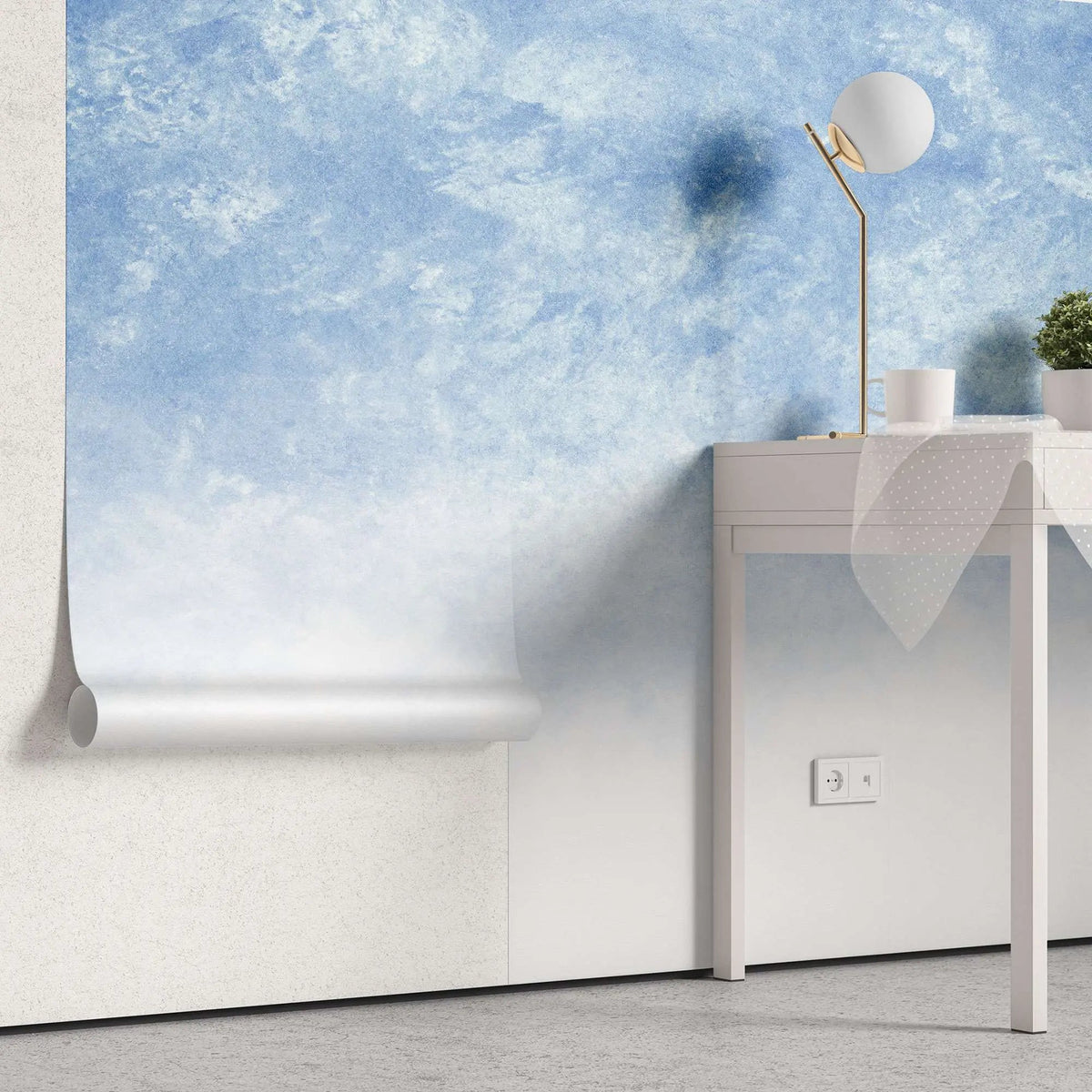 Tapet personalizat watercolor cu design abstract in nuante de albastru si alb abstract blue