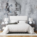 Tapet personalizat watercolor cu figura feminina cu floare in par si accente de albastru baby blue pe un fundal gri baby blue dame