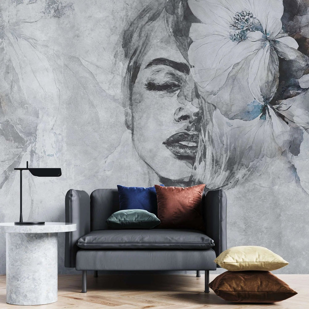 Tapet personalizat watercolor cu figura feminina cu floare in par si accente de albastru baby blue pe un fundal gri baby blue dame