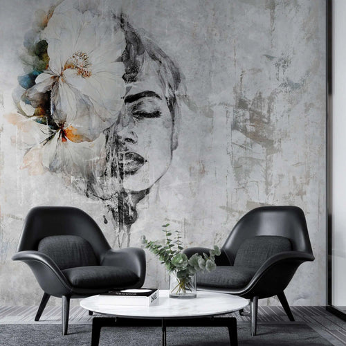 Tapet personalizat watercolor cu figura feminina cu floare in par si accente de portocaliu si albastru pe un fundal gri orange dame