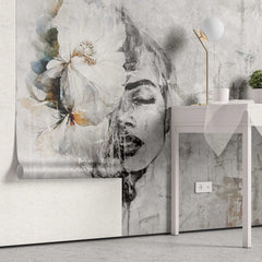 Tapet personalizat watercolor cu figura feminina cu floare in par si accente de portocaliu si albastru pe un fundal gri orange dame