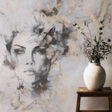 Tapet personalizat watercolor cu design feminin pictat artistic in nuante de gri si accente aurii beautiful estetic