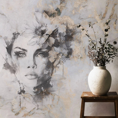 Tapet personalizat watercolor cu design feminin pictat artistic in nuante de gri si accente aurii beautiful estetic