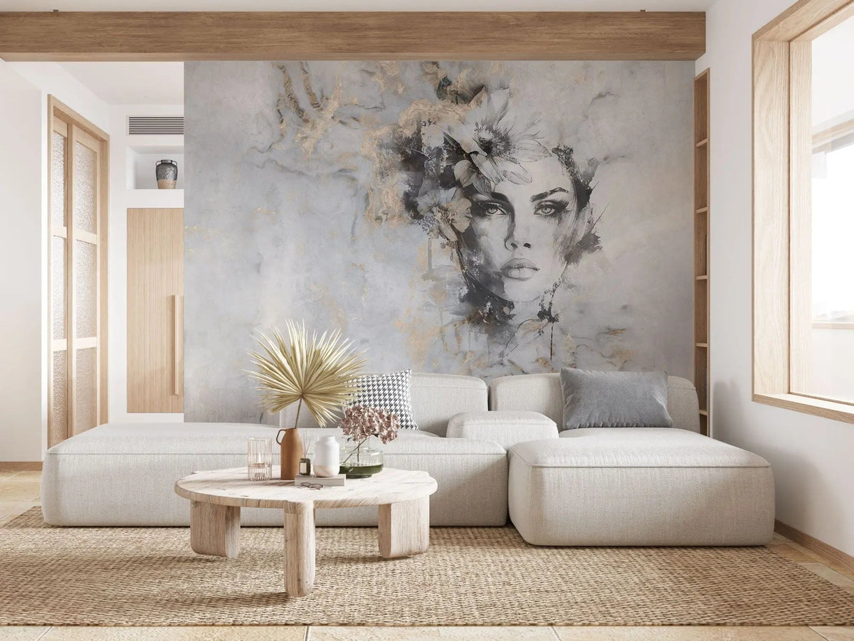 Tapet personalizat watercolor cu design feminin pictat artistic in nuante de gri si accente aurii beautiful estetic