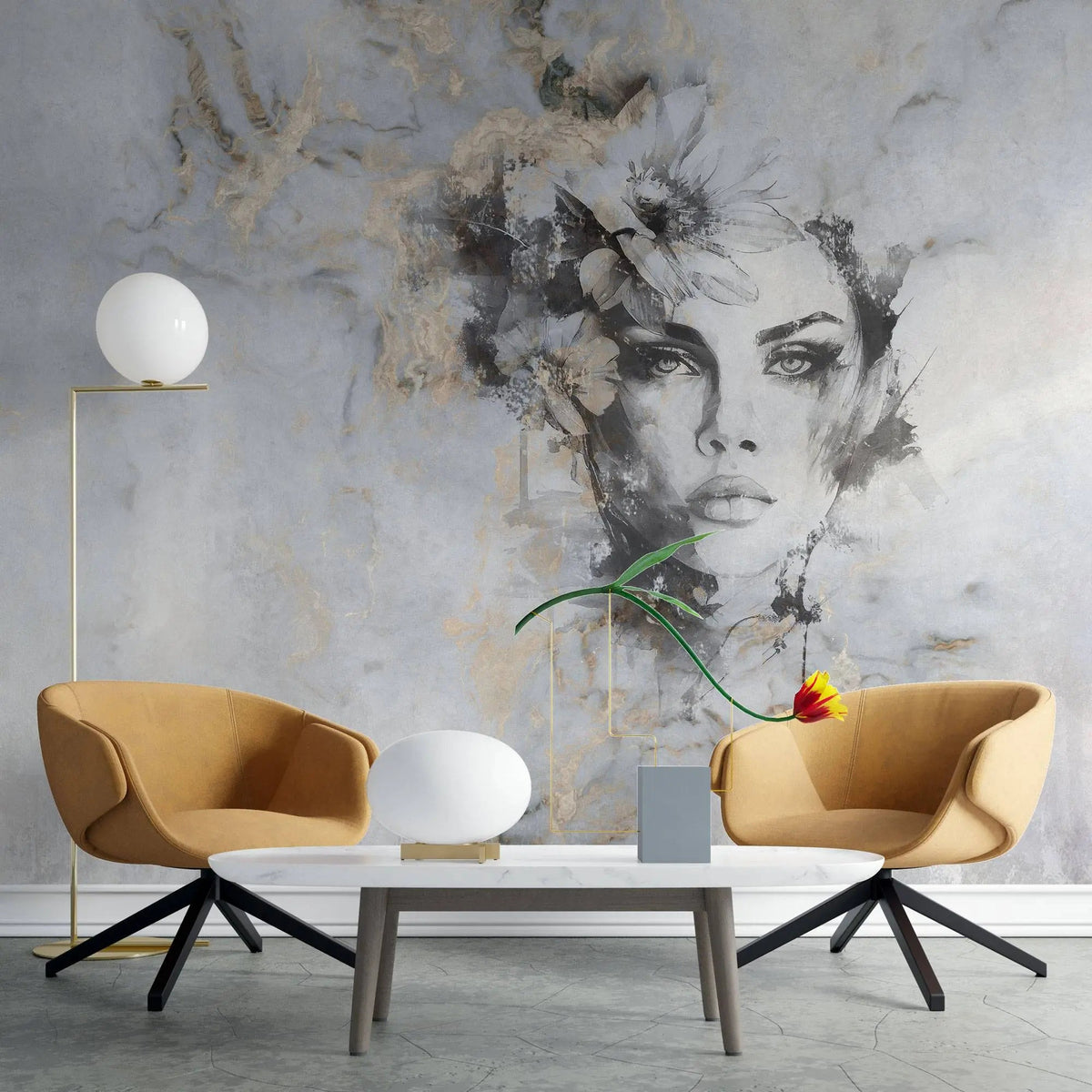 Tapet personalizat watercolor cu design feminin pictat artistic in nuante de gri si accente aurii beautiful estetic