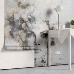 Tapet personalizat watercolor cu design feminin pictat artistic in nuante de gri si accente aurii beautiful estetic