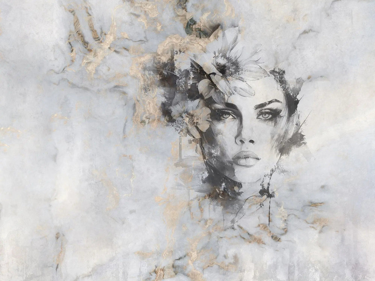 Tapet personalizat watercolor cu design feminin pictat artistic in nuante de gri si accente aurii beautiful estetic