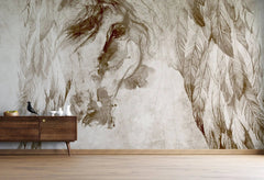 Tapet personalizat watercolor cu reprezentarea unui cal acoperit de pene pictat in stil watercolor feather horse