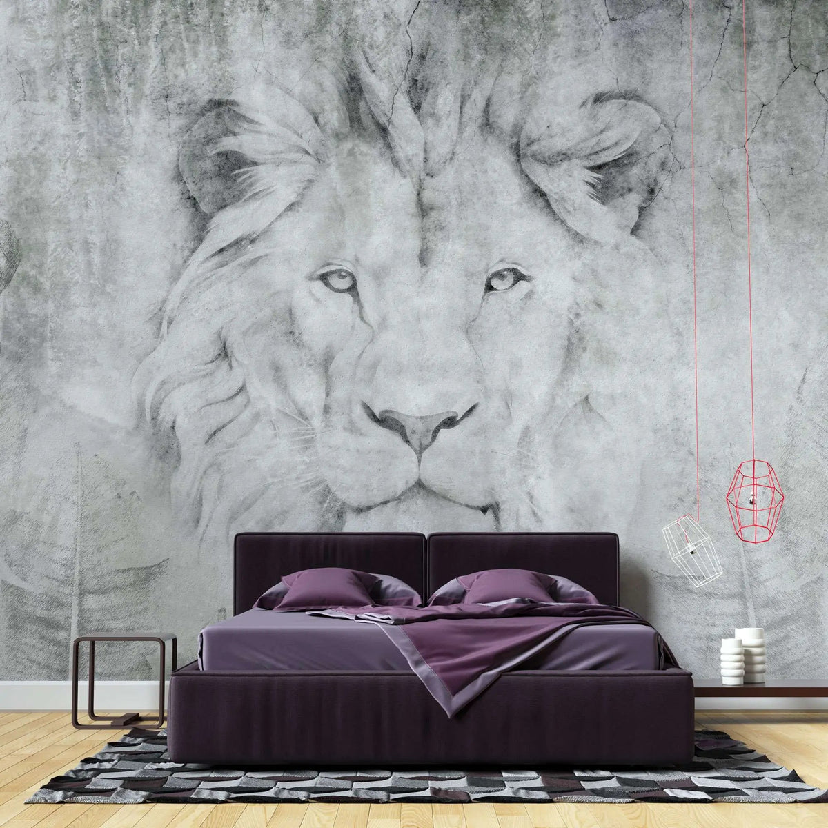 Tapet personalizat watercolor cu leu printre frunze in nuante de gri lion's art