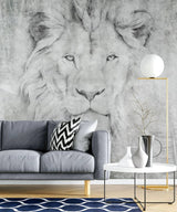 Tapet personalizat watercolor cu leu printre frunze in nuante de gri lion's art