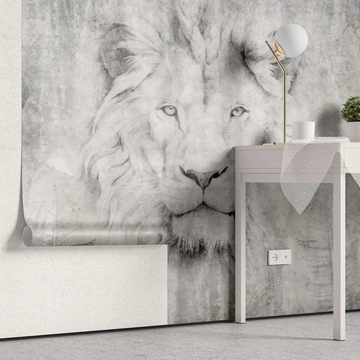 Tapet personalizat watercolor cu leu printre frunze in nuante de gri lion's art