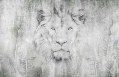 Tapet personalizat watercolor cu leu printre frunze in nuante de gri lion's art