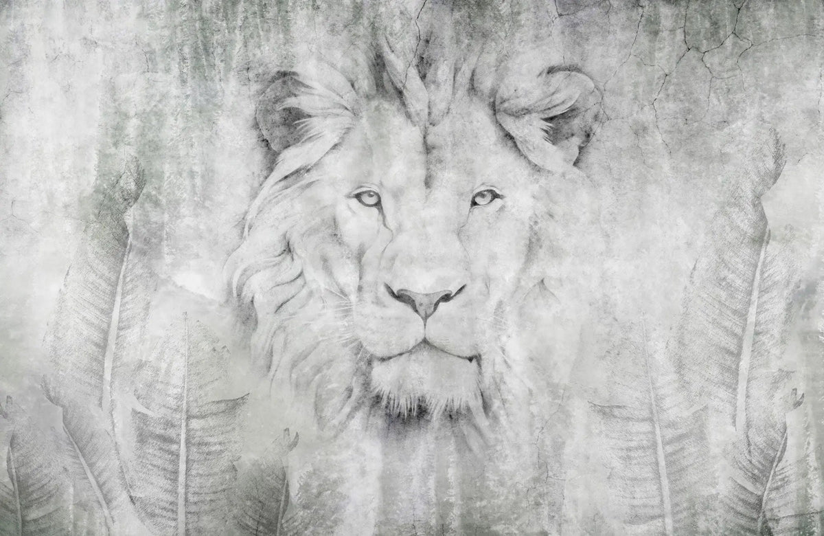 Tapet personalizat watercolor cu leu printre frunze in nuante de gri lion's art