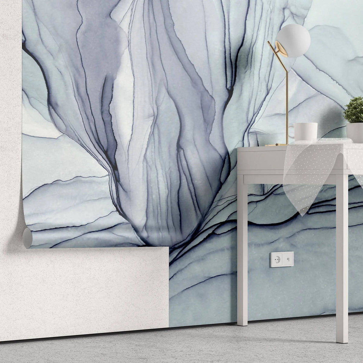 Tapet personalizat watercolor cu design minimalist in stil arta cu cerneala albastra blue ink watercolor