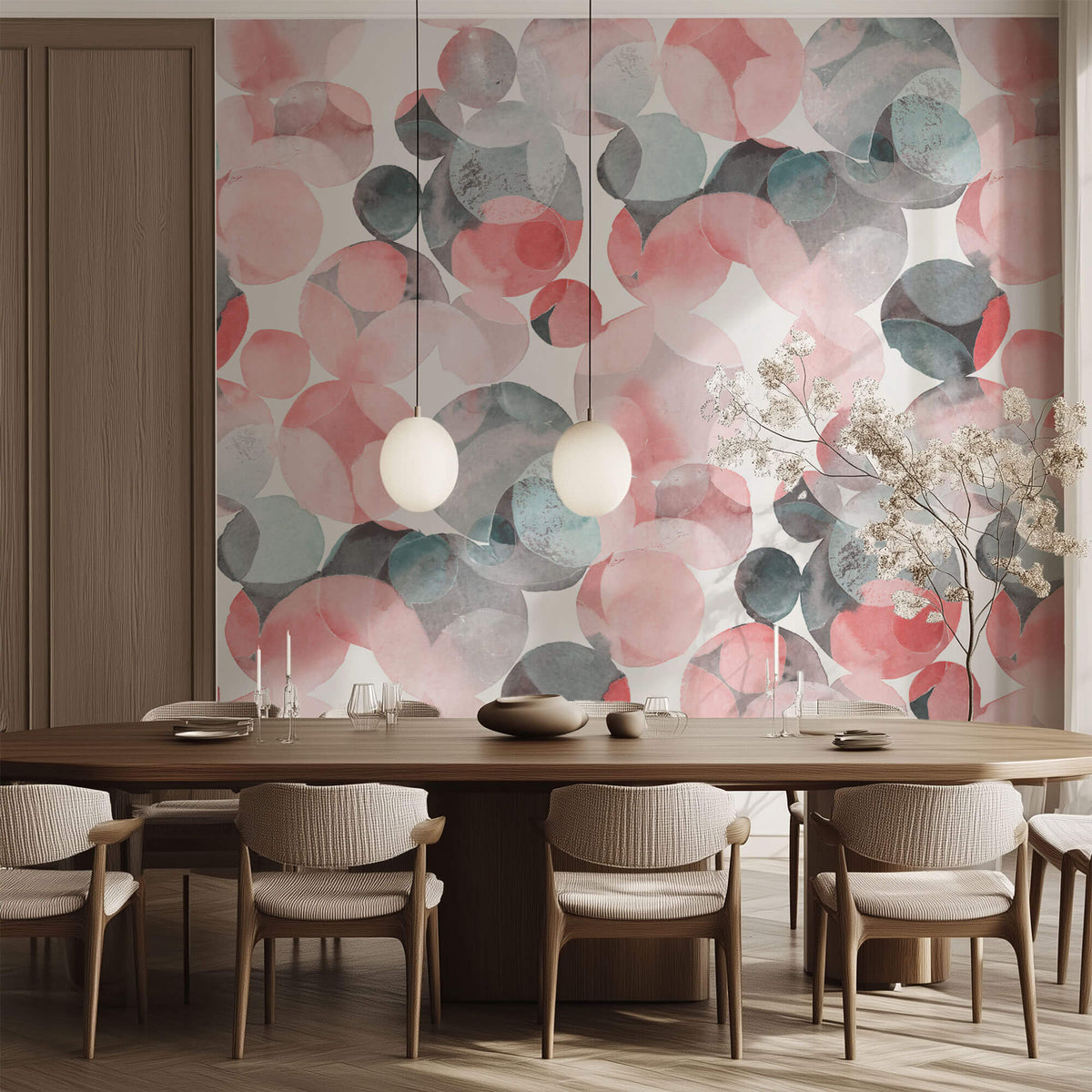 Tapet Personalizat Watercolor cu cerculete rozalii si gri pictate - PINK GREY
