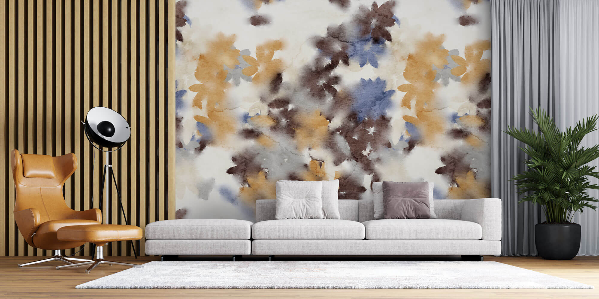 Tapet Personalizat Watercolor cu flori in nuante fade maronii si albastre - BLUE WATERCOLOR FLOWERS